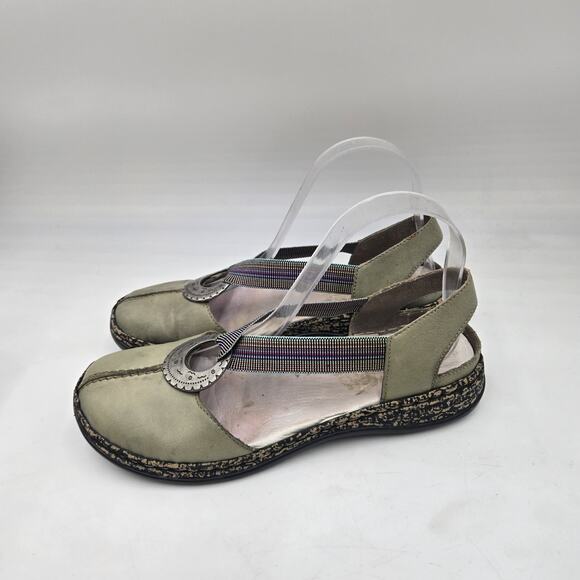 RIEKER Daisy Green Antistress Leather Sandals Closed Toe Rainbow Strap Sz 38 7.5 - Picture 3 of 6